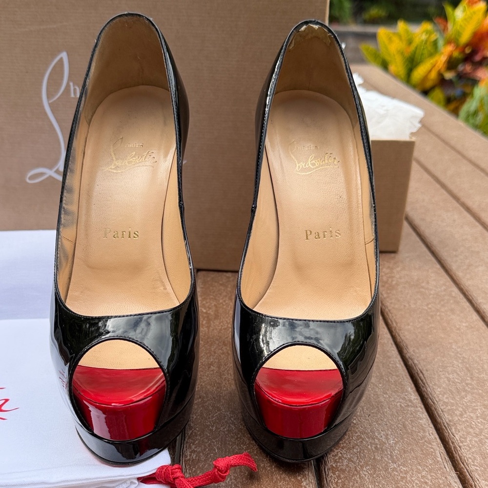 Christian Louboutin Glossy Black and Red Peep Toe Heels